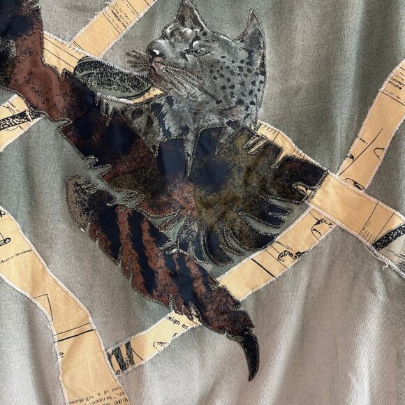 Vintage Maria Kim Women’s Cat Printed Sweater Top Sz L Artsy Tan Quirky - Picture 11 of 13